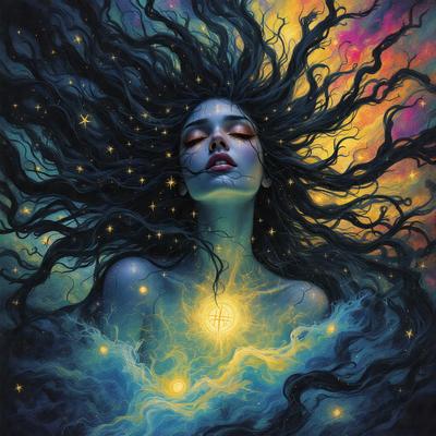 The primary subject of the image is a woman with long, dark hair. She is lying down and appears to be sleeping. The setting is a colorful, star-filled sky, which serves as the backdrop for the scene. The visual style is a digital art or illustration, creating a vibrant and lively atmosphere. The colors and mood of the image are predominantly blue and purple, with the starry sky adding a sense of wonder and tranquility.